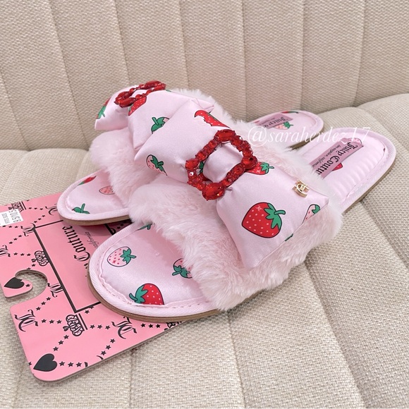 NEW Juicy Couture Gailee Pink Fur Strawberry Slides Slippers Size XL 9.5 -‎ 10.5 - Picture 1 of 5